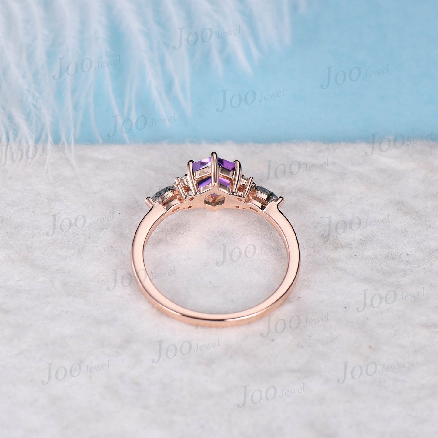 Unique Natural Amethyst Promise Ring Rose Gold Hexagon Amethyst Engagement Ring Moss Agate Wedding Ring Bridal Anniversary Ring Gift Women