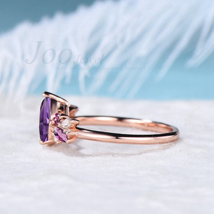 Cluster Engagement Ring 1.25ct Pear Shaped Natural Purple Amethyst Ring Vintage Pink Tourmaline Ring Personalized Birthday Anniversary Gift