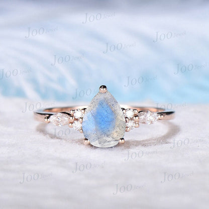 Natural Pear Labradorite Ring Sterling Silver Handmade Engagement Ring Set Labradorite Moonstone Ring Blue Gemstone Birthday Gift For Women