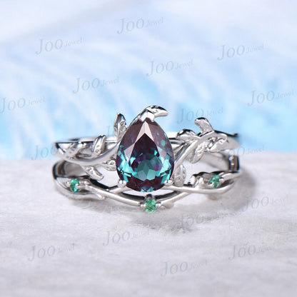 Nature Inspired Alexandrite Engagement Ring Vintage 14K White Gold Pear Cut Alexandrite Ring Emerald Leaf Wedding Ring Unique Promise Gift