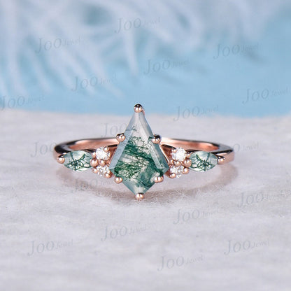 1ct Kite Cut Green Moss Agate Engagement Rings 6 Prong Cluster Aquatic Agate Promise Ring Unique Marquise Moss Agate Moissanite Wedding Ring