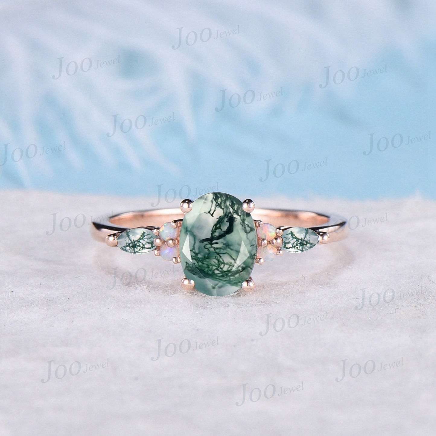 Opal Moss Agate Engagement Rings Rose Gold Silver 1.5ct Oval Cut Cluster Aquatic Agate Promise Ring Unique Marquise Moss Agate Wedding Ring