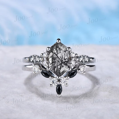 Hexagon Cut Black Rutilated Quartz Engagement Ring Set Platinum Ring Vintage Black Rutile Crystal Ring Unique Wedding/Birthday Gift Women