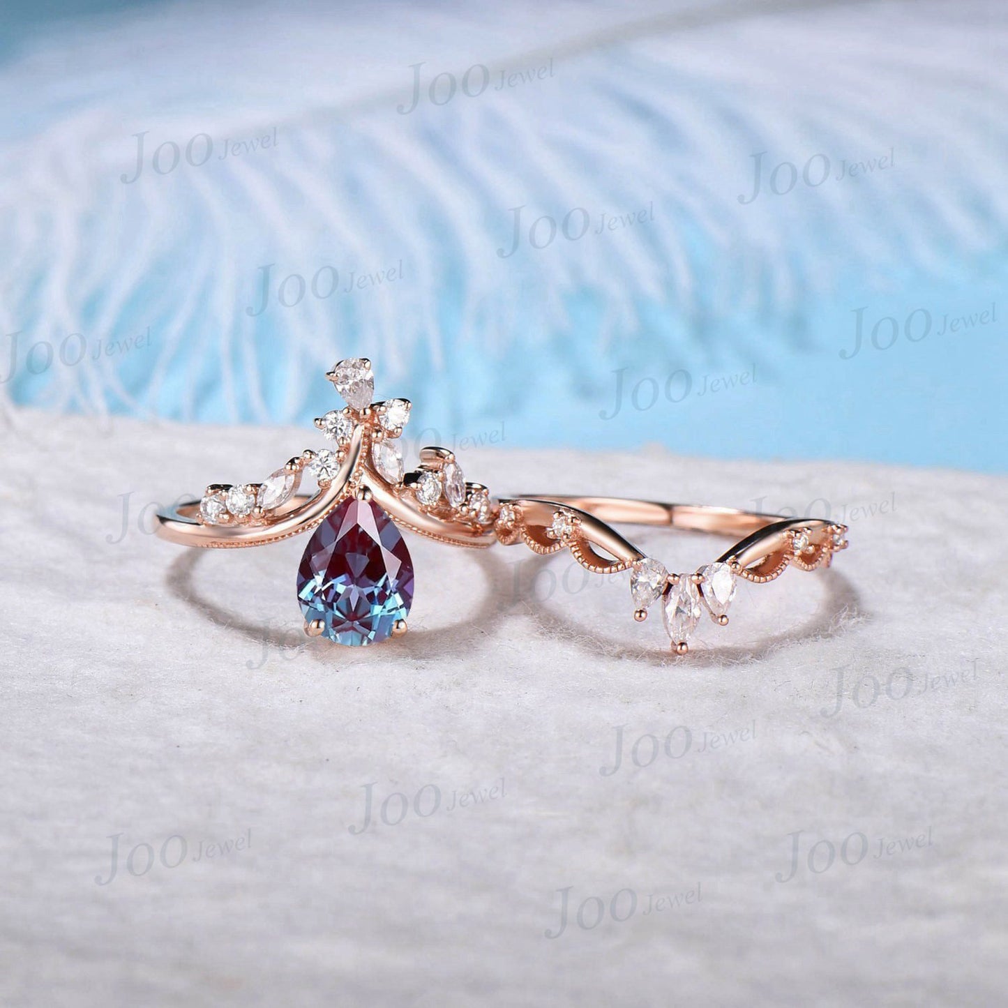 1.25ct Vintage Alexandrite Engagement Ring Pear Shaped Art Deco Cluster Engagement Ring Cocktail Moissanite Rings 14K Rose Gold Bridal Set