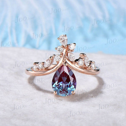 1.25ct Vintage Alexandrite Engagement Ring Pear Shaped Art Deco Cluster Engagement Ring Cocktail Moissanite Rings 14K Rose Gold Bridal Set