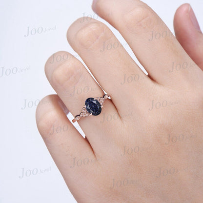 1.5ct Oval Cut Galaxy Blue Sandstone Celtic Engagement Ring Blue Gemstone Jewelry Trinity Knot Wedding Ring Moissanite Irish Amulet Jewelry