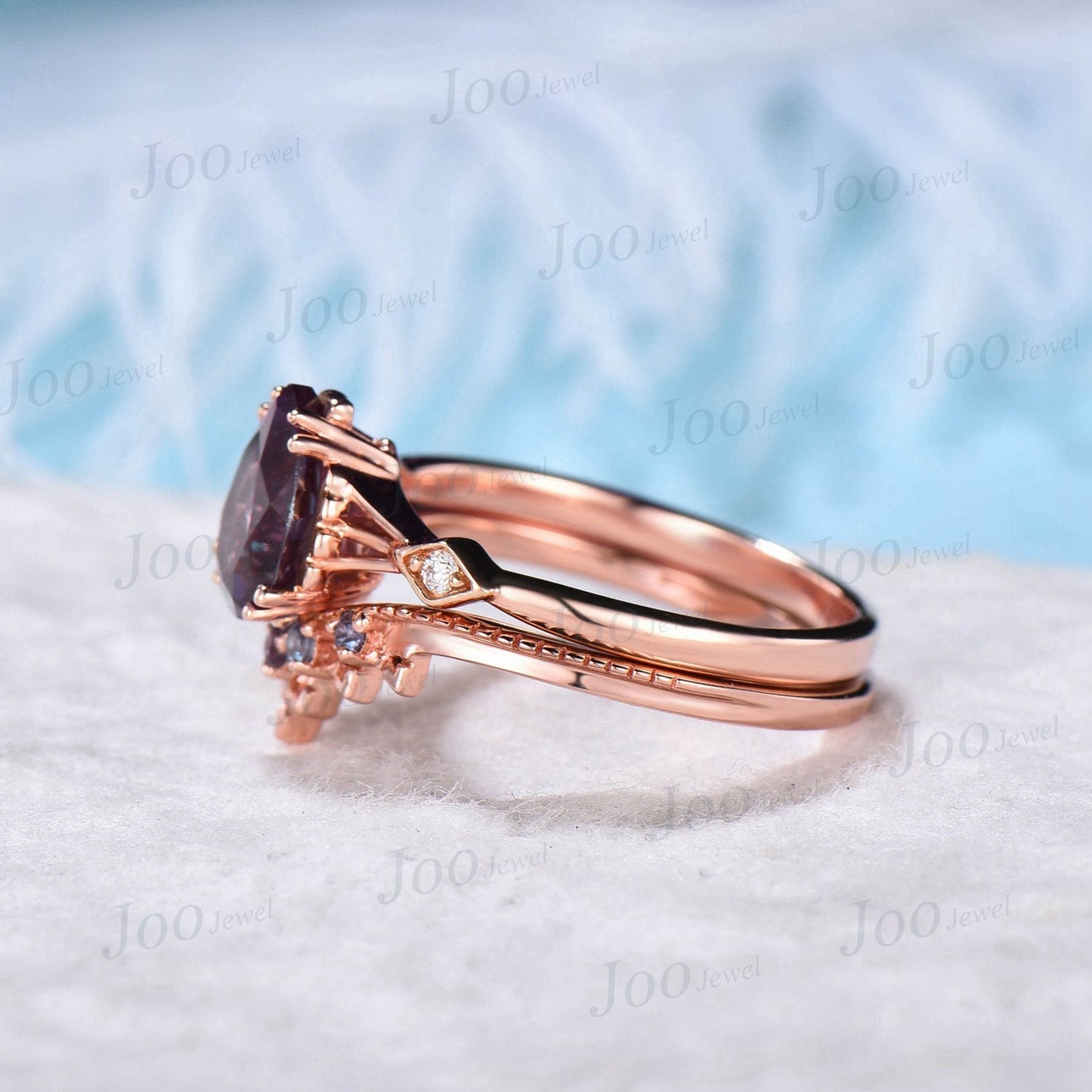 1.25ct Pear Shaped Alexandrite Ring Set Moissanite Ring Milgrain Alexandrite Wedding Band June Birthstone Ring Color Change Engagement Ring