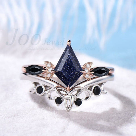 1ct Kite Cut Blue Sandstone Celestial Engagement Ring Triple Moon Goddess Ring 10K Rose Gold Black Bridal Set Blue Goldstone Moon Phase Ring