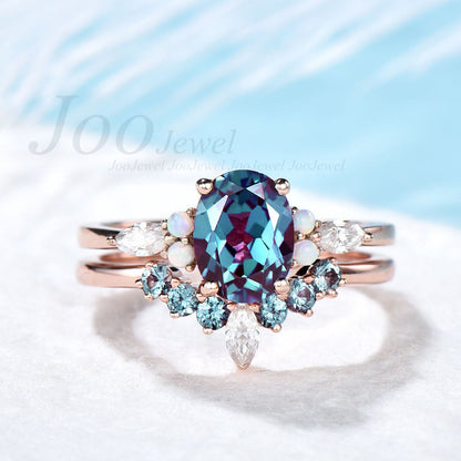 Unique promise ring set vintage alexandrite engagement ring set rose gold ring set for women opal ring gold oval cut bridal ring set jewelry
