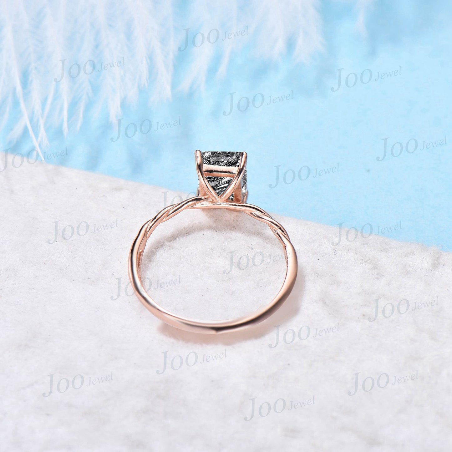 Emerald Cut Solitaire Wedding Ring 10K Rose Gold Natural Black Rutilated Quartz Engagement Ring Twist Band Crystal Ring Unique Promise Ring