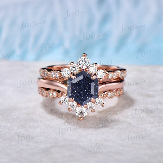 3pc Starry Sky Blue Sandstone Cluster Bridal Set Hexagon Cut Blue Goldstone Solitaire Engagement Ring Milgrain Moissanite Open Wedding Band