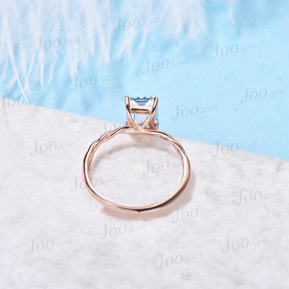 2ct Emerald Cut 10K Rose Gold Blue Aquamarine Solitaire Ring March Birthstone Wedding Ring Twist Band Ring Unique Anniversary/Promise Ring
