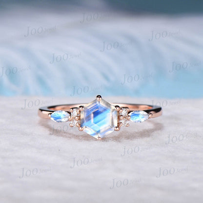 1ct Hexagon Cut Natural Rainbow Moonstone Engagement Rings Rose Gold Moissanite Moonstone Wedding Ring June Birthstone Jewelry Birthday Gift