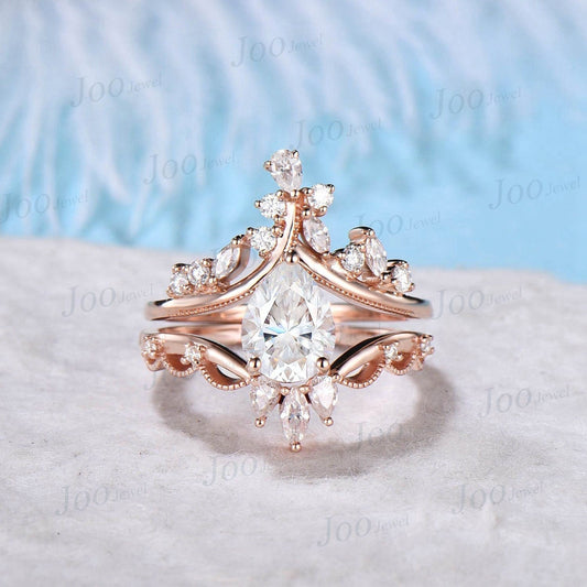 1.25ct Vintage Moissanite Engagement Ring Pear Shaped Art Deco Engagement Ring Cocktail Moissanite Rings 14K Rose Gold Wedding Bridal Set