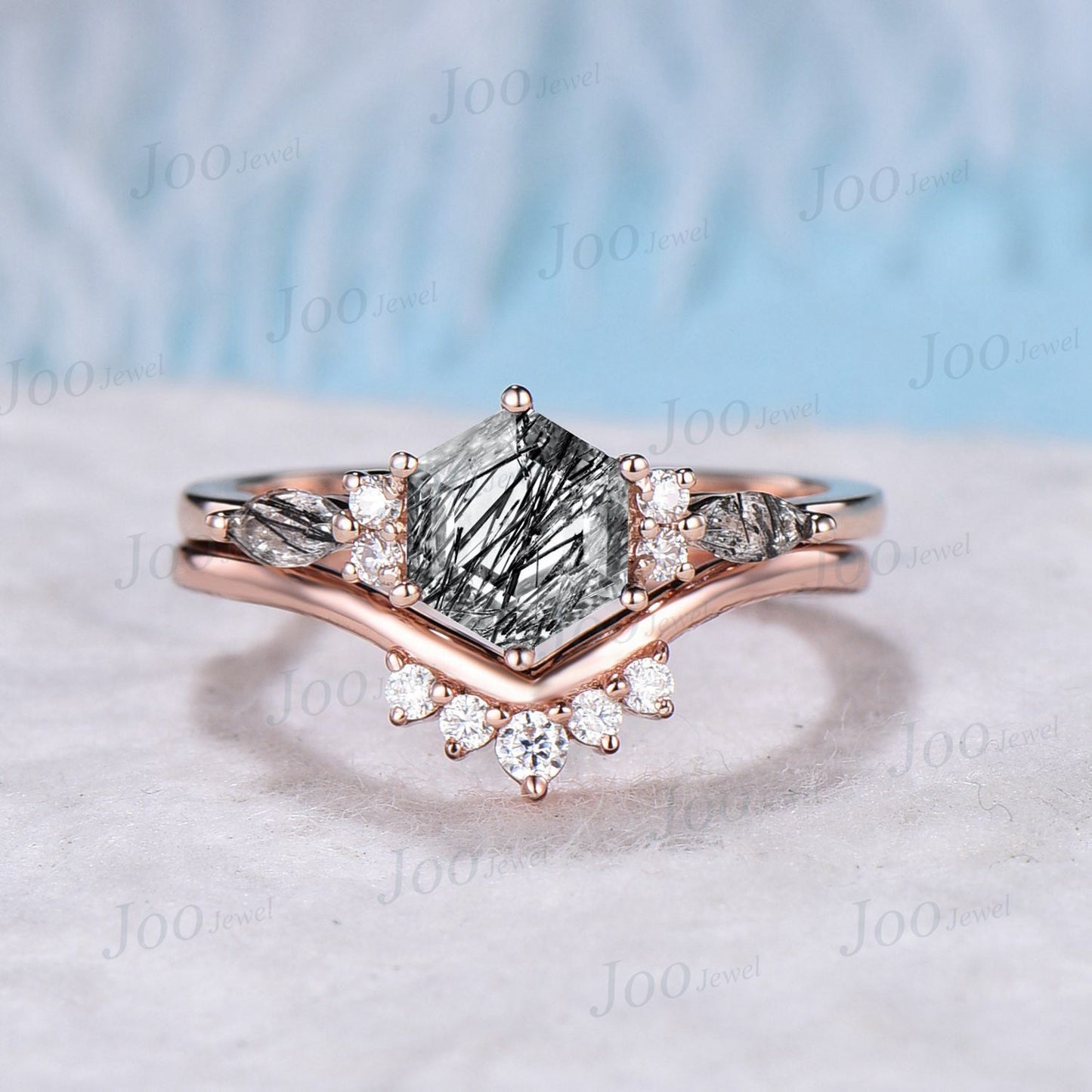 3pcs Hexagon Cut Black Rutilated Quartz Engagement Ring Set Vintage 1ct 10K Rose Gold Black Rutile Crystal Ring Unique Wedding Gift Women