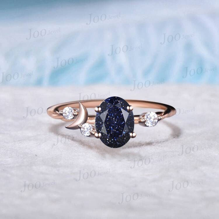 Moon Engagement Ring Vintage 14K Rose Gold Crescent Moon Goddess Ring Galaxy Starry Sky Blue Sandstone Ring Diamond Celestial Wedding Ring