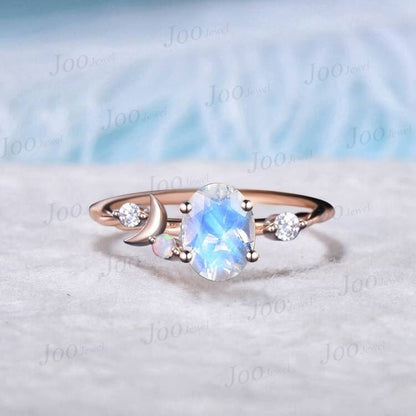 Crescent Moon Goddess Moonstone Ring,Moon of My Life,My Sun and Stars,Moonstone Engagement Ring,Celestial Opal Wedding Ring ,14K Rose Gold