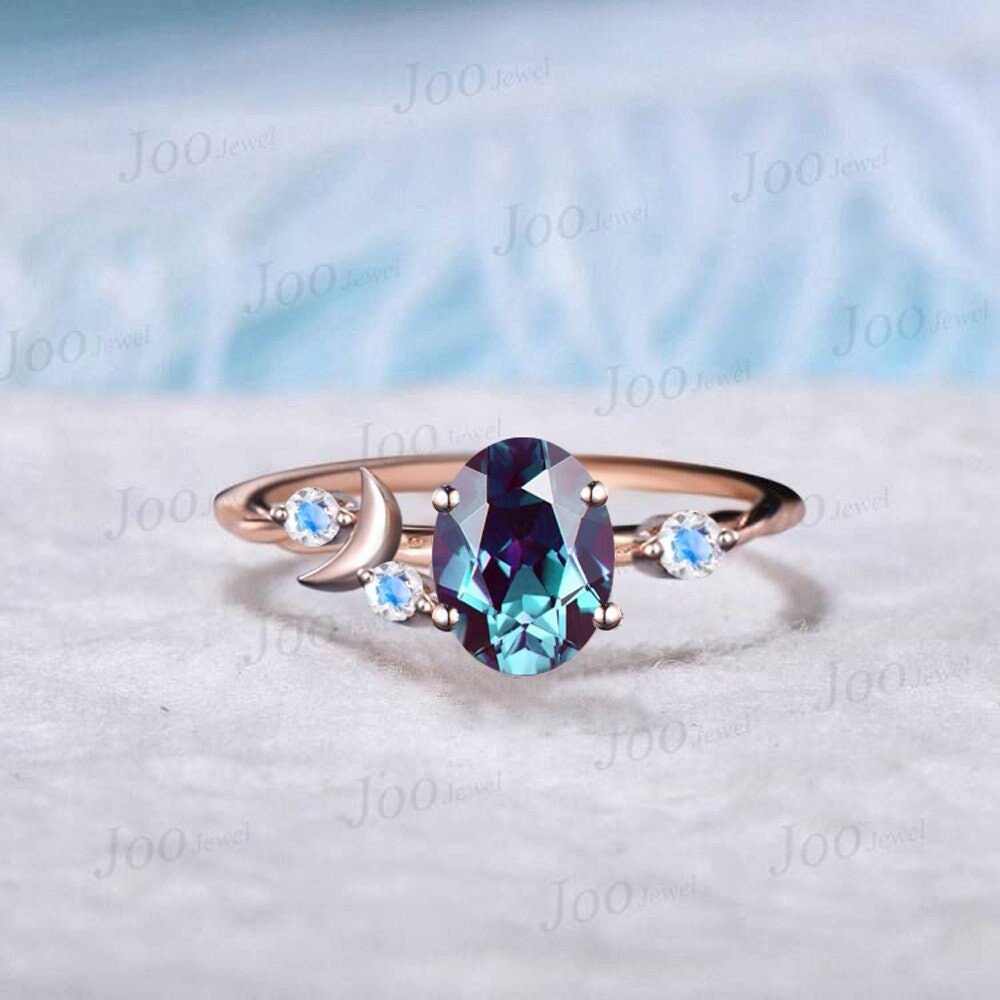 Moon Engagement Ring 10K Rose Gold Oval Cut Color-Change Alexandrite Ring Cluster Moonstone Celestial Wedding Ring Half Moon Moon Magic Ring
