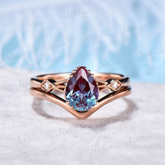 1.25ct Pear Shaped Alexandrite Ring Set Moissanite Ring Plain Curve Wedding Band Alexandrite Wedding Band June Birthstone Engagement Ring