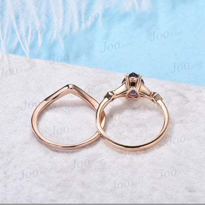 1.25ct Pear Shaped Alexandrite Ring Set Moissanite Ring Plain Curve Wedding Band Alexandrite Wedding Band June Birthstone Engagement Ring