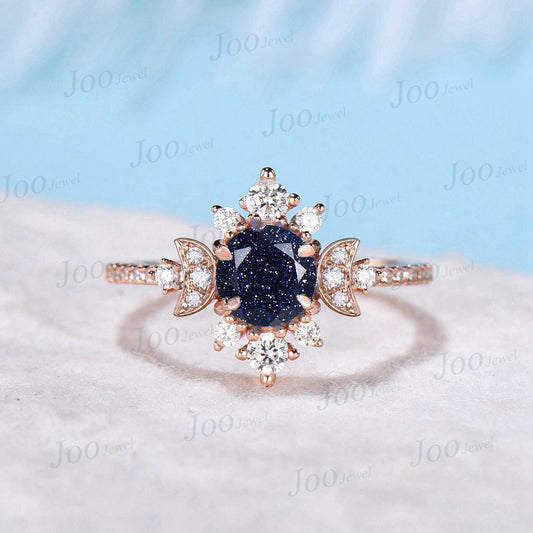 Moon Engagement Ring 10K Rose Gold Starry Sky Galaxy Blue Sandstone Ring Vintage Cluster Moissanite Ring Blue Wedding Ring Celestial Jewelry