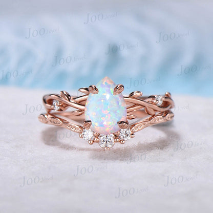 1.25ct Nature Inspired White Opal Ring 1.25ct Pear Shaped Opal Twig Engagement Ring Set Moissanite Branch Bridal Set October Birthstone Gift