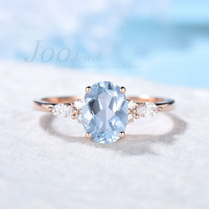 1.5ct Oval Cut Natural Aquamarine Engagement Ring Vintage Unique Marquise Cut Cluster Moissanite Ring Solid 14K/10K Rose Gold Wedding Gift