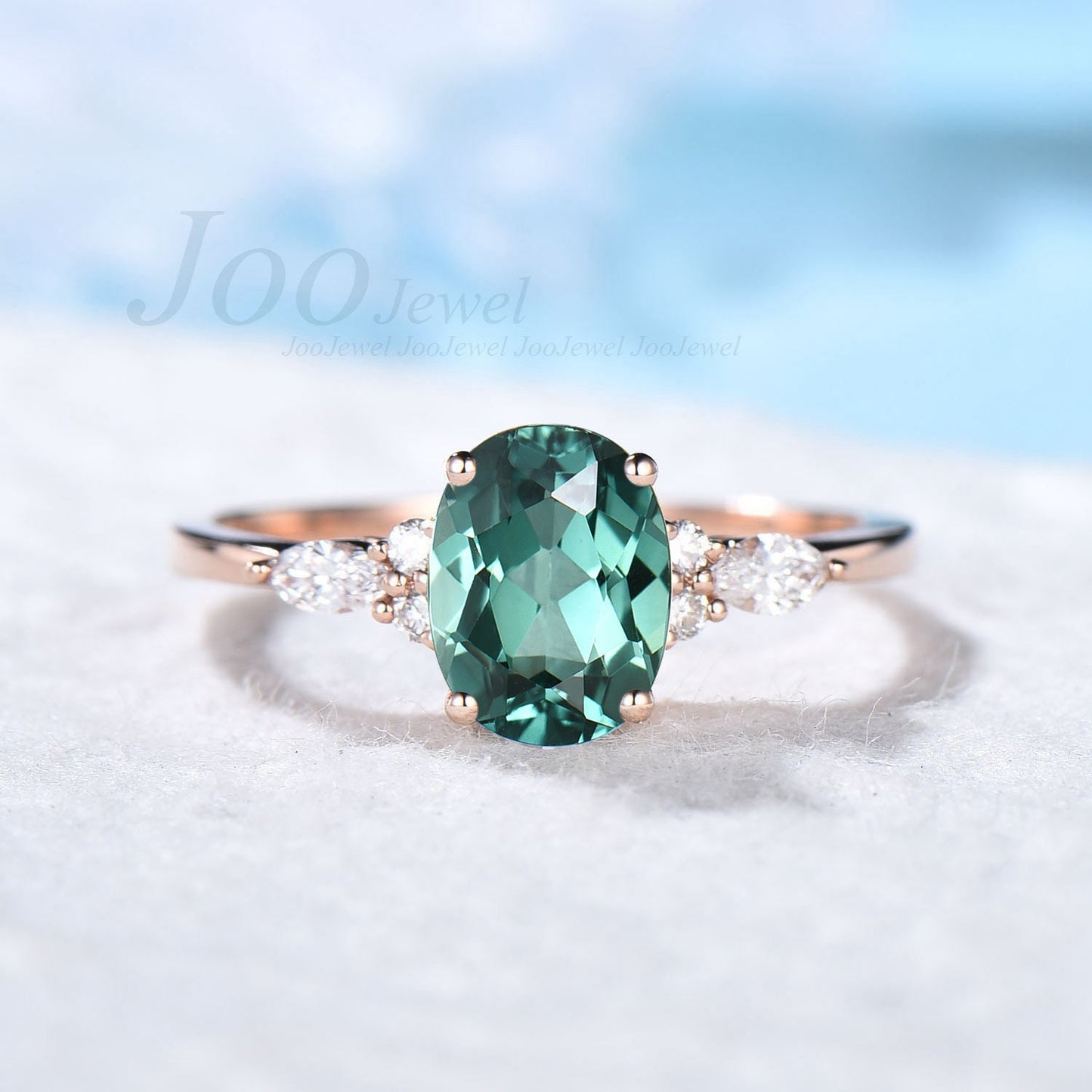 1.5ct Green Sapphire Engagement Ring Vintage Oval Cut Green Sapphire Ring Anniversary Ring Cluster Promise Rings Teal Sapphire Bridal Ring