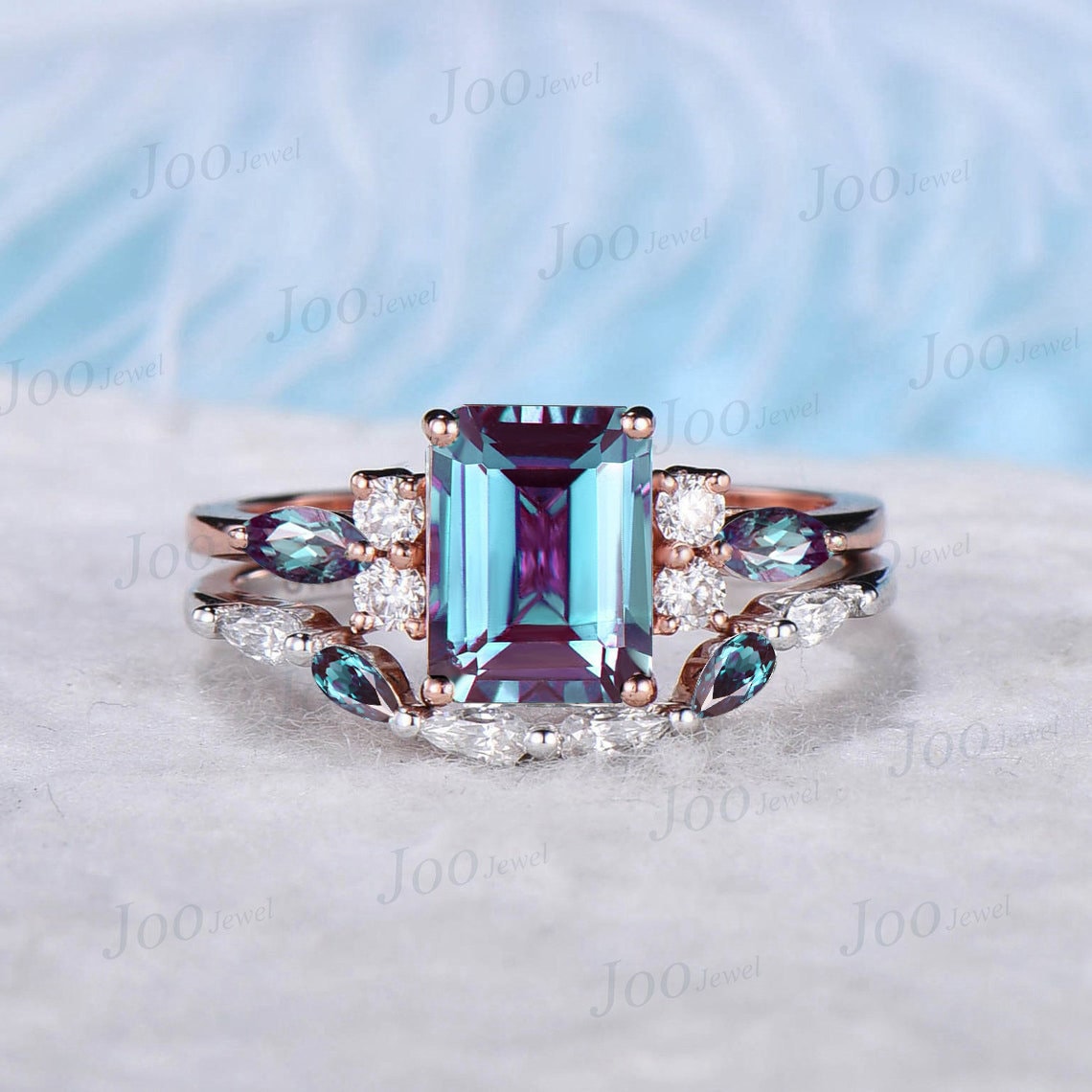 2ct Emerald Cut Alexandrite Ring Set Vintage Alexandrite Moissanite Wedding Band Unique Promise Ring Personalized June Birthstone Ring Gift