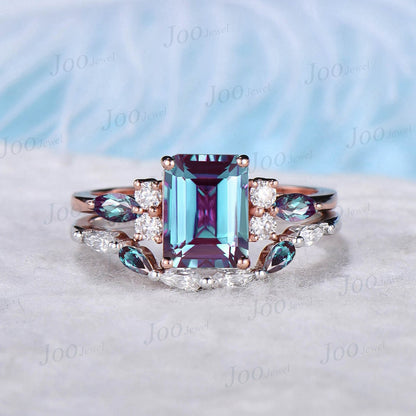 2ct Emerald Cut Alexandrite Ring Set Vintage Alexandrite Moissanite Wedding Band Unique Promise Ring Personalized June Birthstone Ring Gift