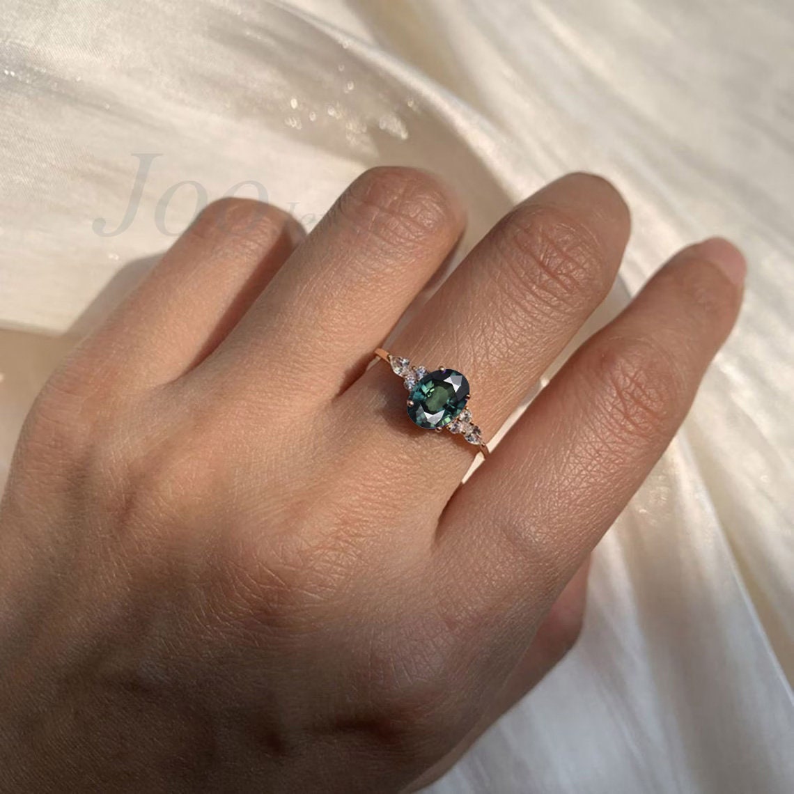 1.5ct Natural Blue-Green Sapphire Engagement Ring Treasure Jewelry Vintage Oval Green Sapphire Ring Promise Rings Teal Sapphire Bridal Ring