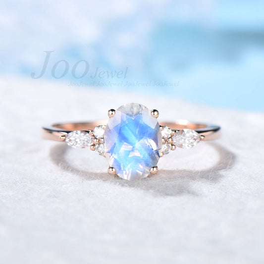 1.5ct Natural Oval Moonstone Ring Treasure Jewelry Vintage Art Deco Rose Gold June Birthstone Wedding Ring Rainbow Moonstone Promise Rings