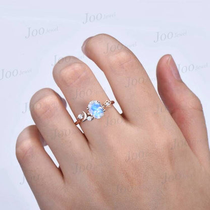 1.5ct Oval Cut Natural Rainbow Moonstone Moon Engagement Rings Moon Star Opal Wedding Ring Crescent Moon Moissanite Ring Anniversary Gifts