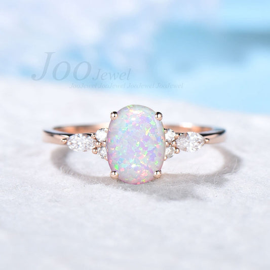 1.5ct Opal Engagement Ring Vintage Rose Gold Wedding Ring Sterling Silver Oval Opal Ring Unique October Birthstone Anniversary Birthday Gift