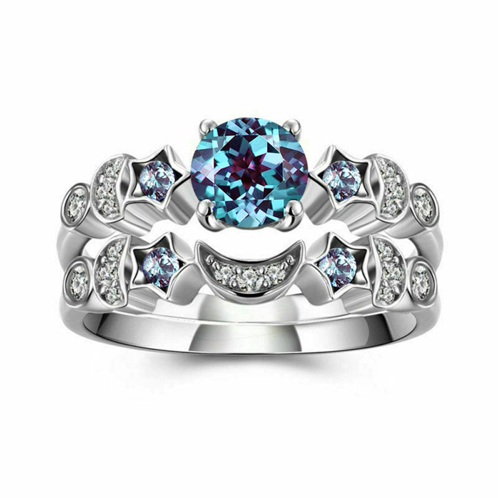 Sterling Silver 1ct Round Color-Change Alexandrite Bridal Set Alexandrite Moon Star Wedding Ring June Birthstone Promise Ring Platinum Ring