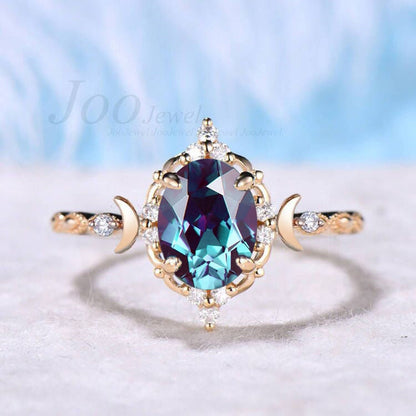 Moon Alexandrite Engagement Ring 10k Yellow Gold Oval Color-Change Alexandrite Ring Marriage Proposal Ring Celestial Half Moon Wedding Ring