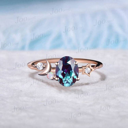 1.5ct Oval Cut Color-Change Alexandrite Engagement Ring Vintage 14k Rose Gold Art Deco Moon Star Wedding Rings Unique Promise Ring for Women