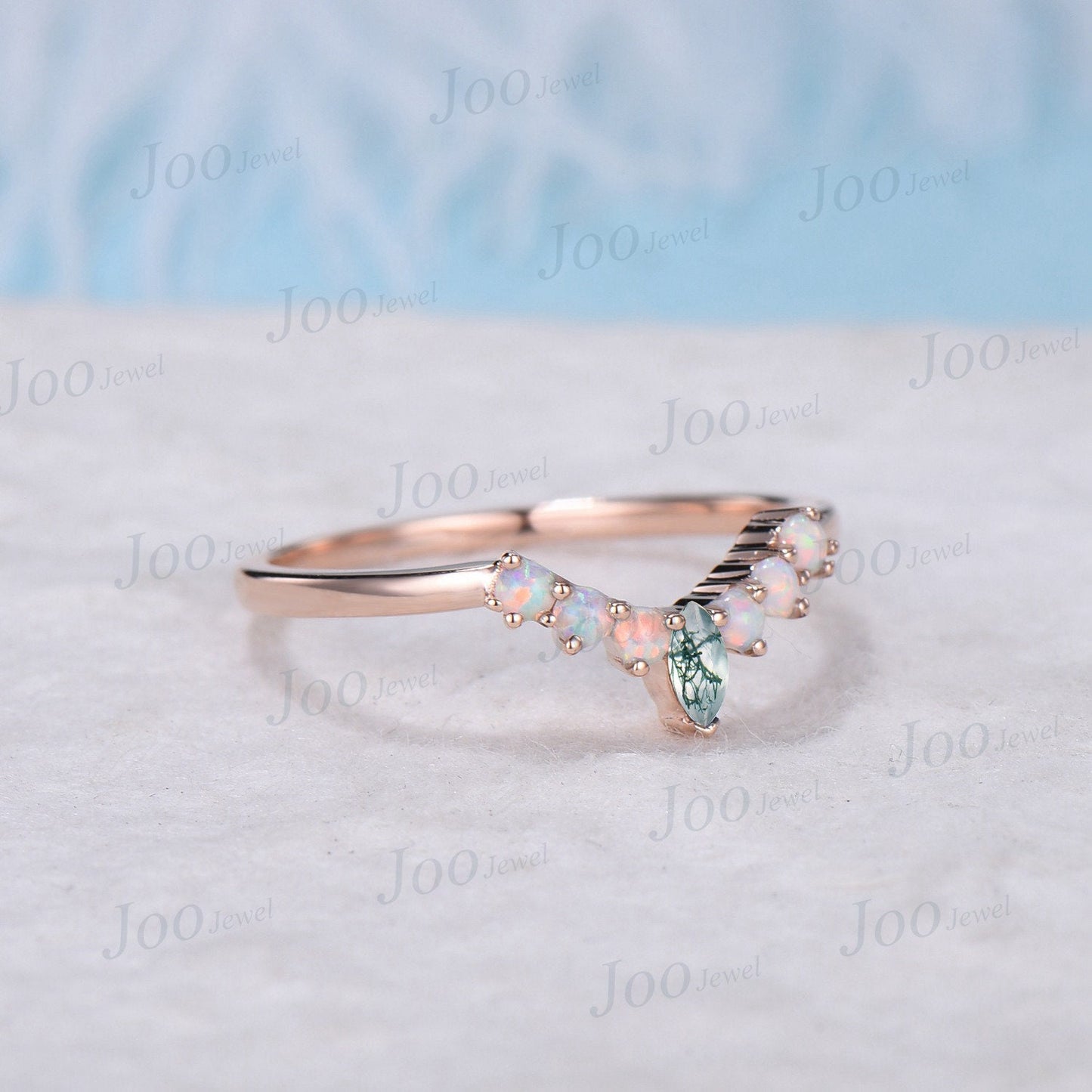 Marquise Curved Wedding Band Rose Gold Opal Moss Agate Wedding Band Unique Vintage Moss Agate Stacking Matching Wedding Bridal Gift For Her