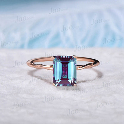 Emerald Cut Alexandrite Solitaire Ring 10k Rose Gold Twisted Band Ring Unique Alexandrite Engagement Ring Unique June Birthstone Ring Gift