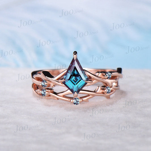 Nature Inspired Color-Change Alexandrite Twig Engagement Ring 10K Rose Gold Kite Alexandrite Ring Set Alexandrite Vine Branch Wedding Ring