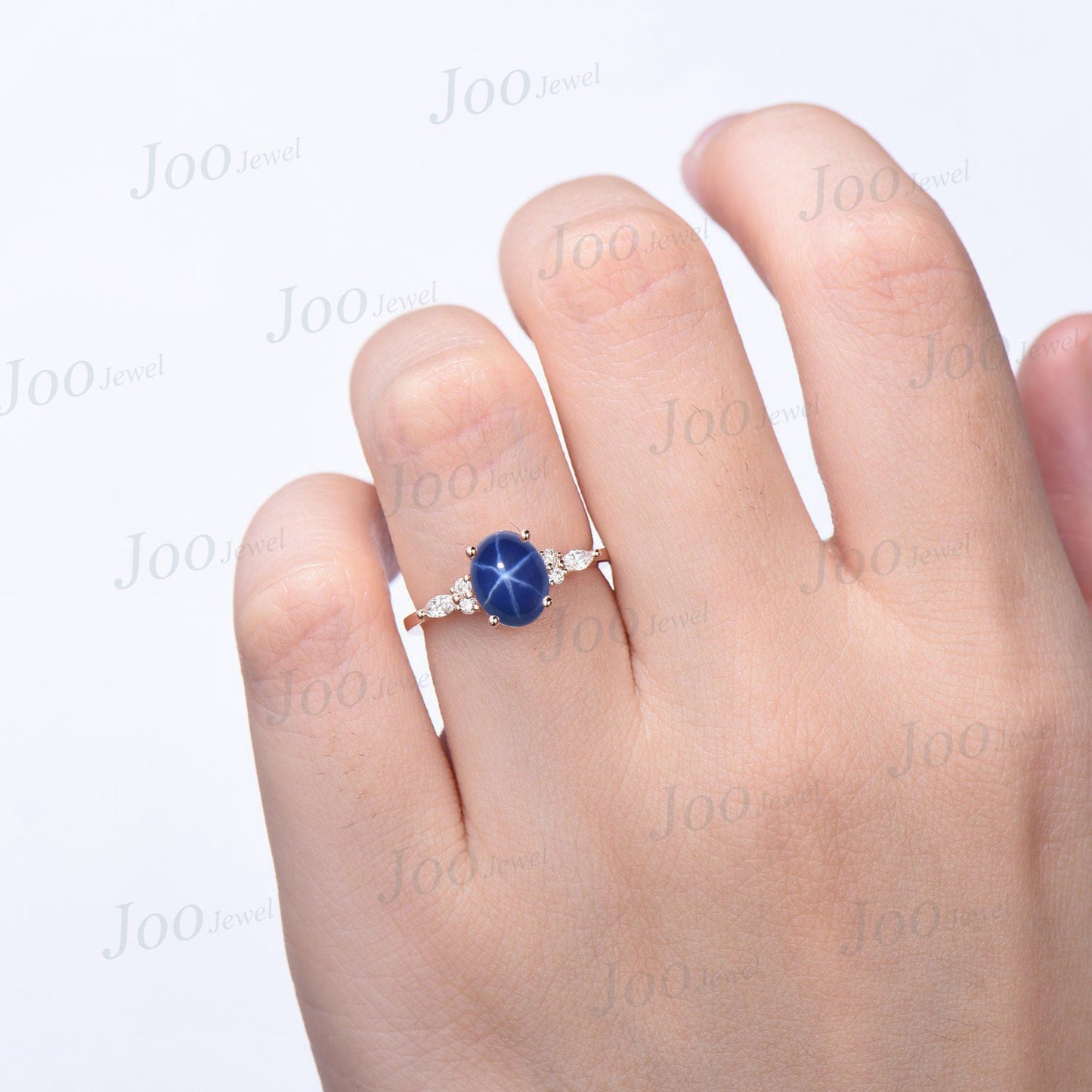 Oval Cut Star Sapphire Engagement Ring Sterling Silver 1.5ct Unique Blue Sapphire Cabochon Wedding Ring Blue Gemstone Jewelry Promise Gift