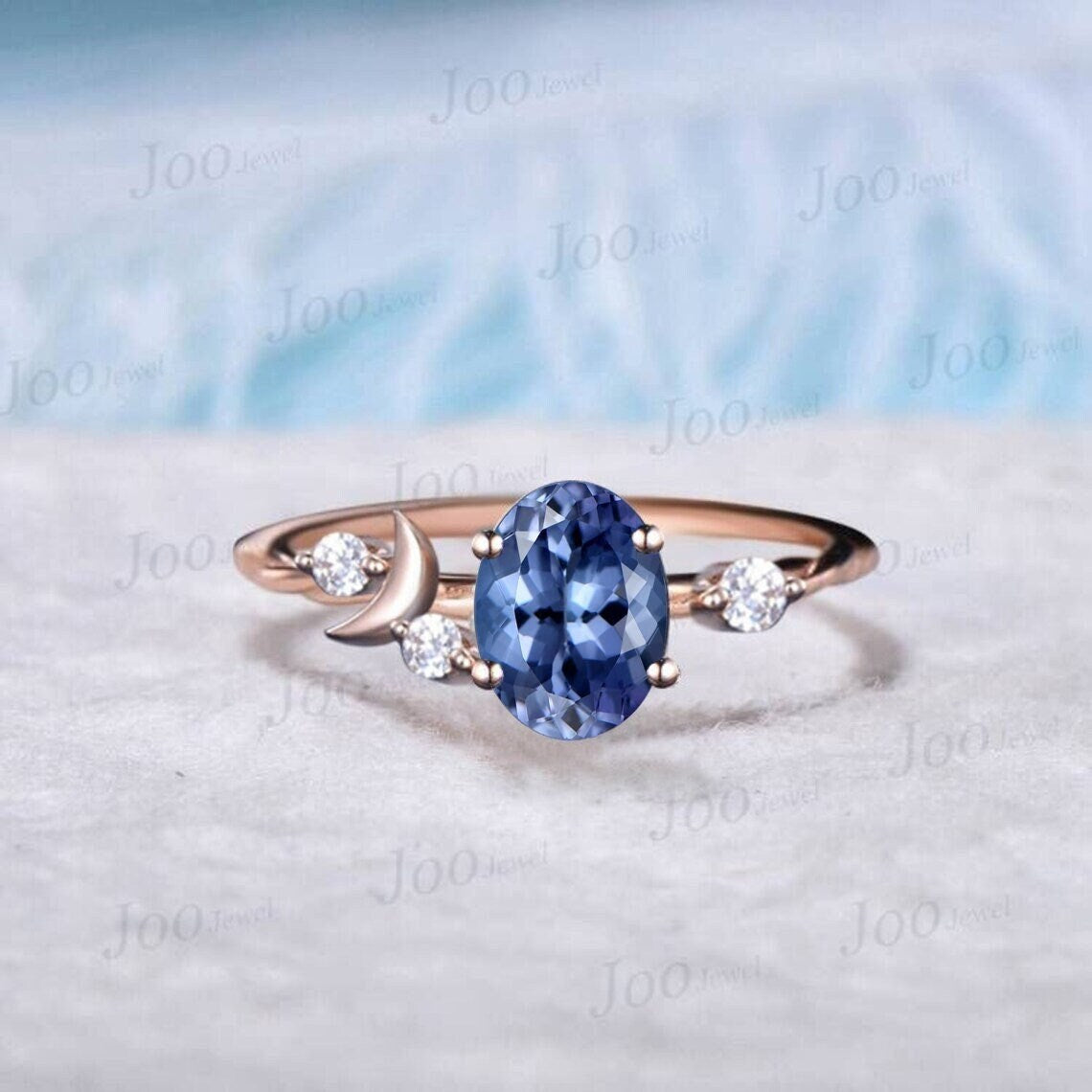 Natural Tanzanite Engagement Ring Crescent Moon Goddess Moissanite Ring Real Tanzanite Celestial Moon Wedding Ring Rose Gold Art Deco Ring