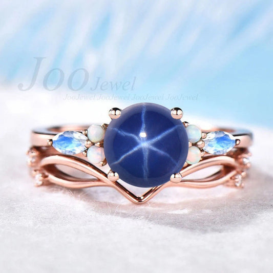 7mm Round Starry Sky Blue Star Sapphire Engagement Ring Moonstone Opal Wedding Ring Cabochon Lindy Star Bridal Set Elvish Vine Promise Band