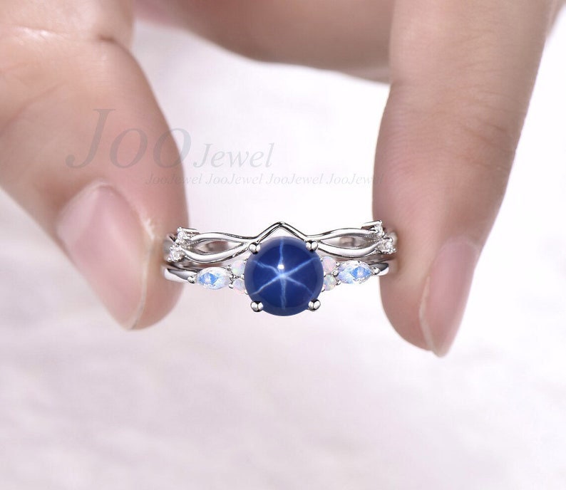 7mm Round Starry Sky Blue Star Sapphire Engagement Ring Moonstone Opal Wedding Ring Cabochon Lindy Star Bridal Set Elvish Vine Promise Band