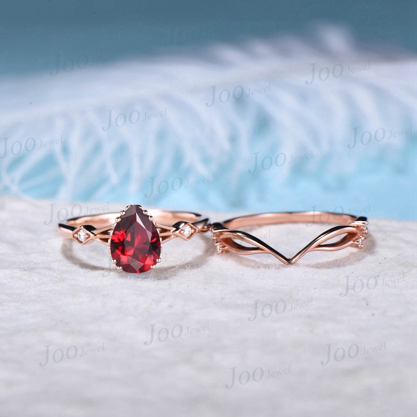 1.25ct Pear Shaped Ruby Gemstone Jewelry 10K Rose Gold Twig Vine Red Ruby Engagement Ring Set Vintage Anniversary Ring July Birthstone Gift