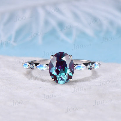 2ct Oval Alexandrite Ring 10K White Gold Half Eternity Band Natural Green Moss Agate Ring Unique Opal Alexandrite Wedding Ring Platinum Ring