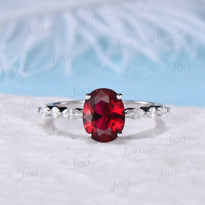 2ct Oval Cut Ruby Gemstone Jewelry 10K White Gold Half Eternity Red Ruby Engagement Rings Platinum Anniversary Ring July Birthstone Gifts