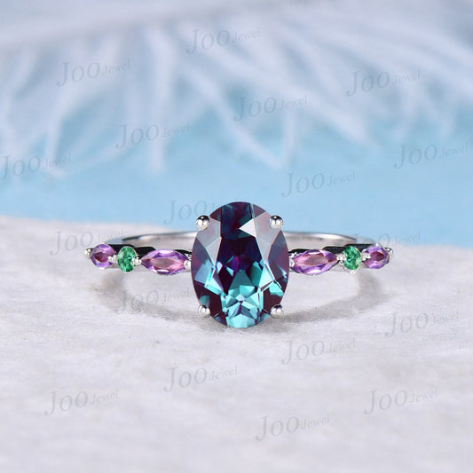 2ct Oval Cut Alexandrite and Amethyst Engagement Rings 10K White Gold Half Eternity Band Emerald Alexandrite Wedding Ring Platinum Rings