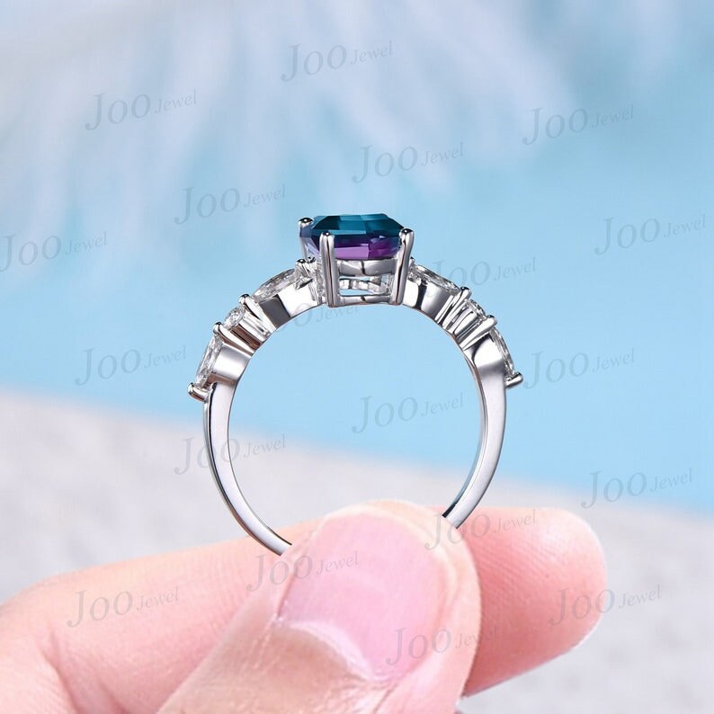 2ct Oval Cut Alexandrite and Amethyst Engagement Rings 10K White Gold Half Eternity Band Emerald Alexandrite Wedding Ring Platinum Rings