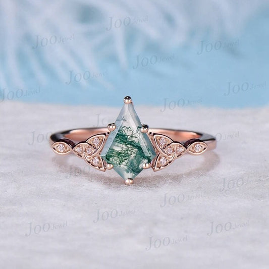 Celtic Engagement Ring Kite Cut Natural Moss Agate Wedding Ring Green Gemstone Jewelry Trinity Knot Engagement Ring Moissanite Irish Jewelry
